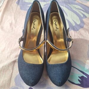 Qupid Navy Blue Heels with Gold Accents